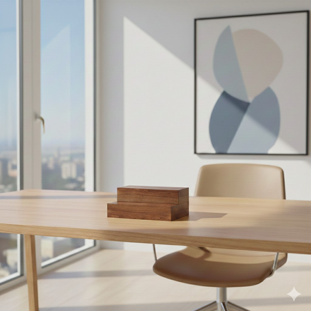 Modern office desk with wooden chair and abstract art on the wall